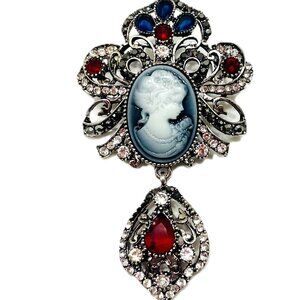 ANTIQUE SILVERTONE FAUX CAMEO PIN/PENDANT W/FAUX RUBY, SAPPH, DIAMOND CRYSTALS